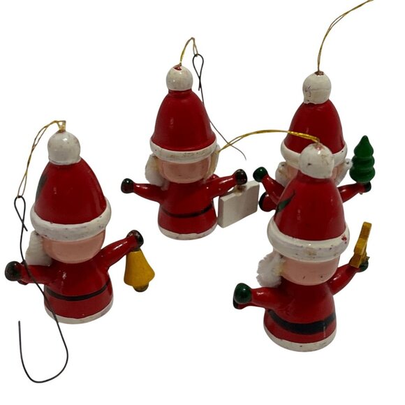 Vintage Christmas Ornament Set Wood Handcrafted 1983 Santa 4 Piece Box Tree 2.5" - Picture 2 of 16